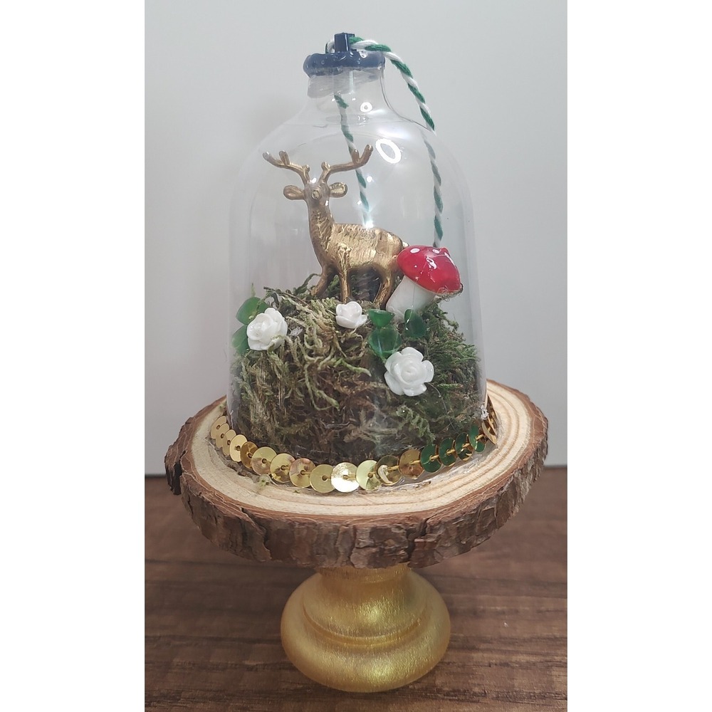 Dome Cloche Diorama Christmas Ornament Flower Deer Mushroom Fairy Garden O2